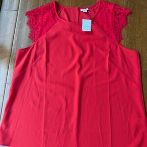 J. Crew Vibrant Red Lace Sleeve Blouse
